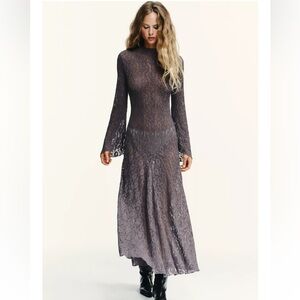 Zara Dark Purple Lace Maxi Dress Long Sleeve - NWT